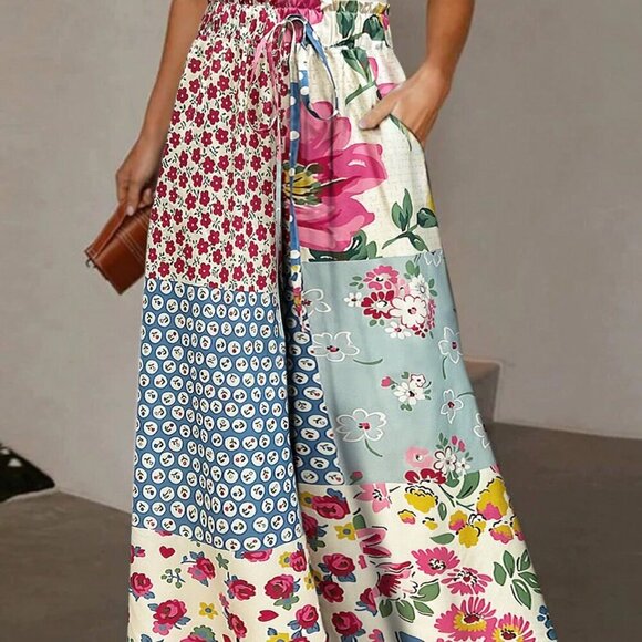 Pants - Multicolor Boho Women's Flower & Leaf Print Drawstring Pocket pants